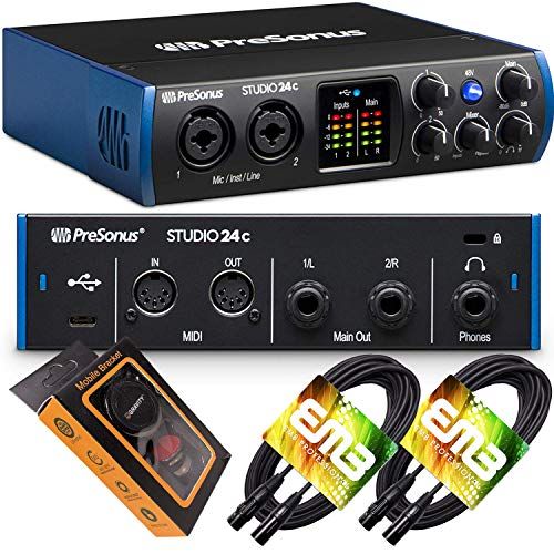  PreSonus Studio 24c USB-C Audio Interface with 2 XMAX-L Preamps, Headphone Output, and MIDI Input/Output with Pair of EMB XLR Cable and Gravity Mobile Bracket