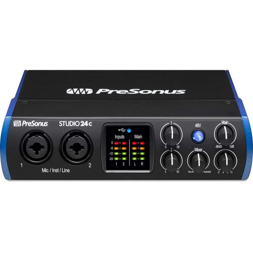  PreSonus Studio 24c 2x2 USB Type-C Audio/MIDI Interface with Eris 3.5 Pair Studio Monitors and 1/4” Instrument Cable and Microphone Isolation Shield