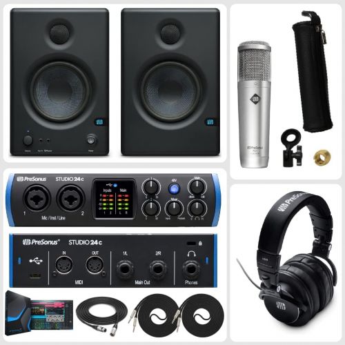  PreSonus Studio 24c 2x2 USB Type-C Audio/MIDI Interface with Studio One Artist Software Pack w/Eris 3.5 Pair Studio Monitors and PreSonus PD-70 Vocal Dynamic Microphone with XLR Ca