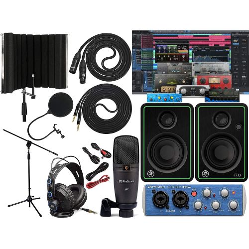  PreSonus AudioBox 96 Audio Interface Bundle with Studio One Artist Software Pack with Mackie CR3-X Pair Studio Monitors and 1/4” Instrument Cable and Microphone Isolation Shield