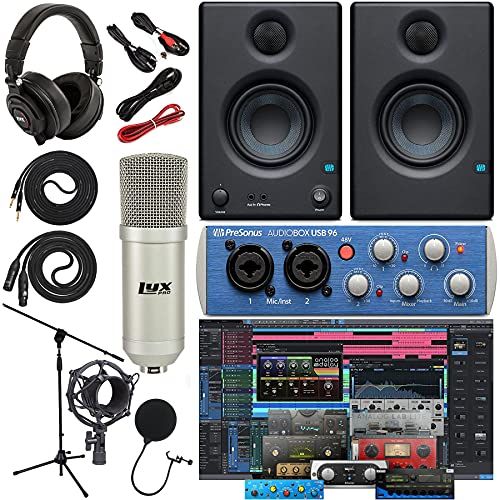  Presonus AudioBox 96 Audio Interface (May Vary Blue or Black) Complete Studio Bundle with Studio One Artist Software Pack w/Eris 3.5 Pair Studio Monitors, Condenser Microphone, 1/4