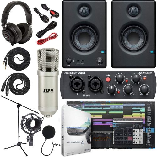  PreSonus AudioBox 96 Audio Interface (Blue or Black) Complete Bundle with Studio One Artist Software Pack w/Eris 3.5 BT Pair Studio Bluetooth Monitors, Condenser Microphone, 1/4” I