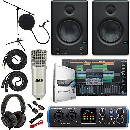  PreSonus Studio 24c 2x2 USB Type-C Audio/MIDI Interface w/Eris 3.5 Pair Studio Monitors, Studio Microphone and LyxPro Recording Bundle