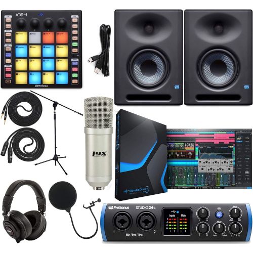  PreSonus Studio 24c 2x2 USB Type-C Audio/MIDI Interface w/ATOM MIDI/Production Pad Controller and Eris Eris E5 XT Pair 2-Way Studio Monitors with EBM Wave Guide Design, Studio Micr