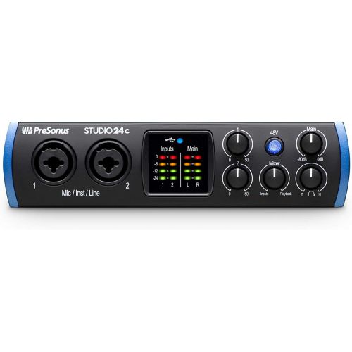  PreSonus Studio 24c 2x2 USB Type-C Audio/MIDI Interface w/Eris 3.5 Pair Studio Monitors and 1/4” TRS to TRS Instrument Cable and LyxPro Recording Bundle