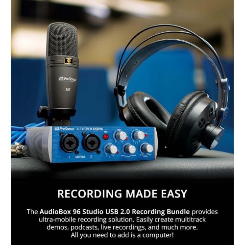  PreSonus AudioBox 96 Studio USB 2.0 Recording Bundle with Interface, Headphone, Microphone & Studio One Artist, Blucoil Boom Arm, 10 XLR & Instrument Cables, USB-A Mini Hub and 3 U