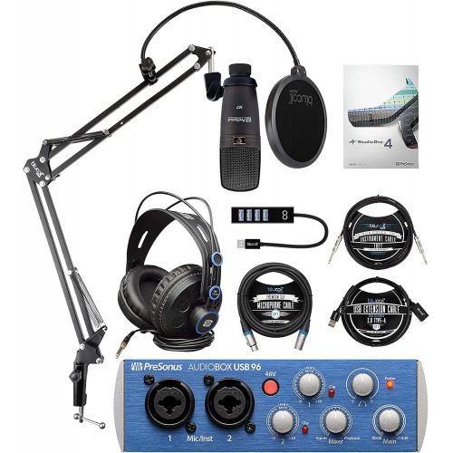  PreSonus AudioBox 96 Studio USB 2.0 Recording Bundle with Interface, Headphone, Microphone & Studio One Artist, Blucoil Boom Arm, 10 XLR & Instrument Cables, USB-A Mini Hub and 3 U