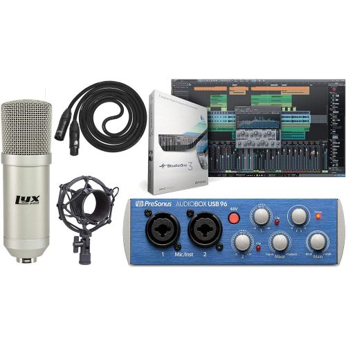  Presonus AudioBox 96 Audio USB 2.0 Recording Interface and Studio One Artist Software kit with Condenser Microphone Shockmount, and XLR Cable (Interface Color May Vary in Blue or B