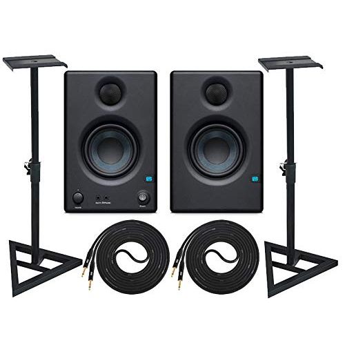  PreSonus Eris E3.5 Pair 2-Way 4.5 Active Studio Monitor Pair and Ultimate Support Adjustable Stable Stands with 2 Instrument Cable Set