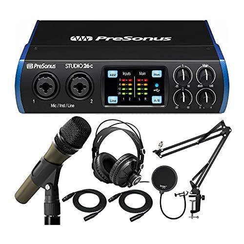  PreSonus Studio 26c USB Audio Interface Bundle with XLR Cables, Knox Headphones, Microphone, Boom Arm, and Pop Filter (7 Items)