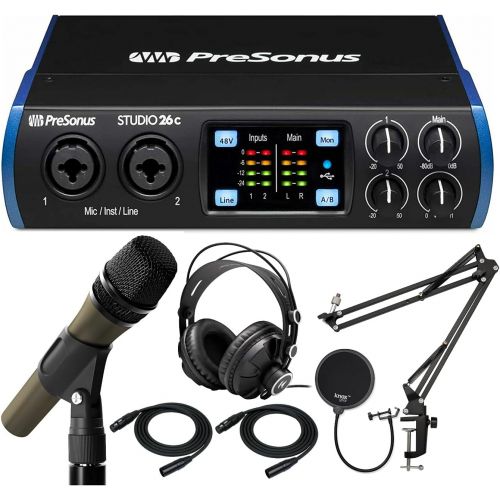  PreSonus Studio 26c USB Audio Interface Bundle with XLR Cables, Knox Headphones, Microphone, Boom Arm, and Pop Filter (7 Items)