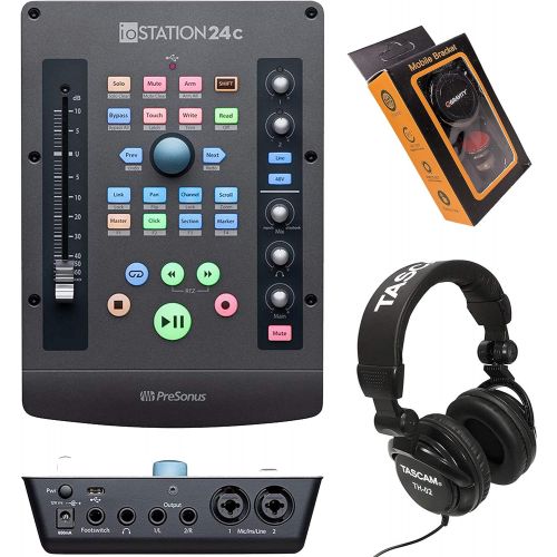  PreSonus ioSTATION 24c 2x2 USB-C Audio Interface and Production Controller 2-in/2-Out USB-C Interface with 2 Xmax Preamp, 100mm Motorized Fader with Gravity Phone Holder and Pro He