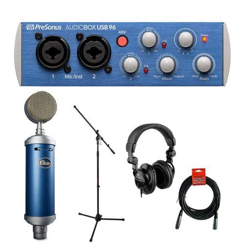  PreSonus AudioBox 96 USB 2.0 Audio Recording Interface with Blue Bluebird Condenser Microphone, Studio Monitor Headphones, Mic Stand & XLR Cable Kit