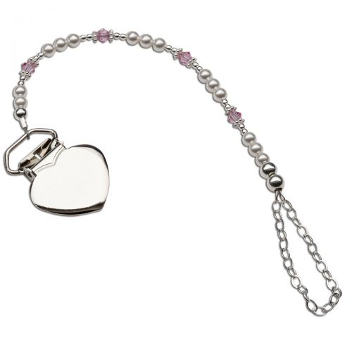  Precious Pieces Sterling Silver Heart Binky or Pacifier Clip with Sparkling Pink Crystals (Clip is base metal)