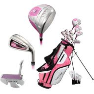 Precise M5 Ladies Womens Complete Right Handed Golf Clubs Set Includes Titanium Driver, S.S. Fairway, S.S. Hybrid, S.S. 5-PW Irons, Putter, Stand Bag, 3 H/C's Pink