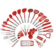 Preferred Housewares International 38-piece Kitchen Utensils Set Home Cooking Tools Gadgets Turners Tongs Spatulas Pizza Cutter Whisk Bottle Opener, Graters Peeler, Can Opener, Measuring Cups Spoons (Red)