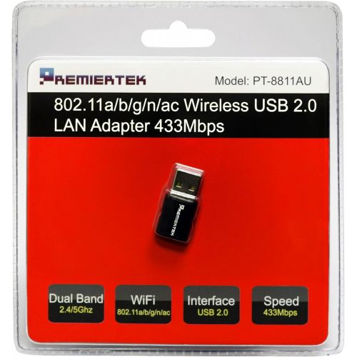  Premiertek 802.11abgnac Dual Band 2.4GHz5GHz Wireless USB 2.0 LAN Adapter up to 433Mbps (PT-8811AU)