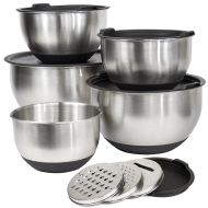 [Deluxe Set] 5 Premium Grade Stainless Steel Mixing Bowl Set with Lids and Non Skid Bottoms Stainless Steel Mixing Bowls with Pour Spout, Measurement Marks, and 3 Grater Attachment