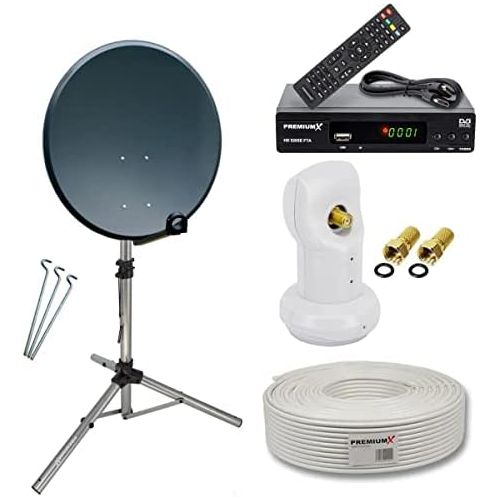  [아마존베스트]-Service-Informationen PremiumX Camping Satellite System Set 45 cm Antenna Anthracite Single LNB Tripod Cable HDTV Satellite Receiver