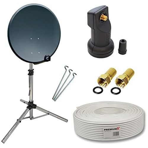  [아마존베스트]-Service-Informationen PremiumX Camping Satellite System 45 cm Bowl Antenna Mirror + Single LNB 0.1 dB Full HD 3D 4K + 10 m Satellite Coaxial Cable with 2 F-Connectors + Tripod Steel Stand incl. 3x Galva