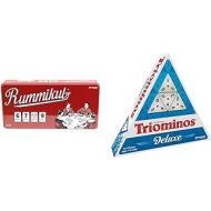 Rummikub in Retro Tin - The Original Rummy Tile Game by Pressman Red, 5 & Pressman Tri-Ominos - Deluxe Edition Triangular Tiles with Brass Spinners Multi Color, 5