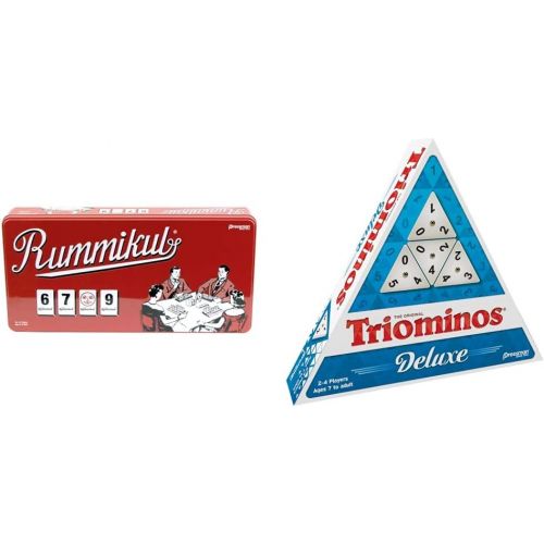  Rummikub in Retro Tin - The Original Rummy Tile Game by Pressman Red, 5 & Pressman Tri-Ominos - Deluxe Edition Triangular Tiles with Brass Spinners Multi Color, 5