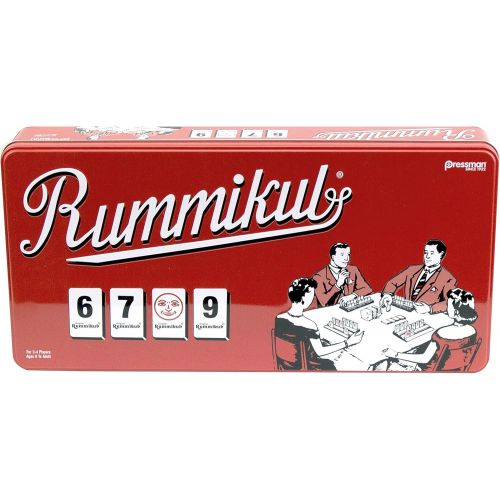  Rummikub in Retro Tin - The Original Rummy Tile Game by Pressman Red, 5 & Pressman Tri-Ominos - Deluxe Edition Triangular Tiles with Brass Spinners Multi Color, 5