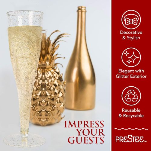  [아마존 핫딜] [아마존핫딜]Prestee Plastic Champagne Flutes Disposable - 100 Pack | Gold Glitter Plastic Champagne Glasses for Parties | Glitter Clear Plastic Cups | Plastic Toasting Glasses | Mimosa Glasses | Weddi