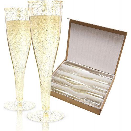  [아마존 핫딜] [아마존핫딜]Prestee Plastic Champagne Flutes Disposable - 100 Pack | Gold Glitter Plastic Champagne Glasses for Parties | Glitter Clear Plastic Cups | Plastic Toasting Glasses | Mimosa Glasses | Weddi