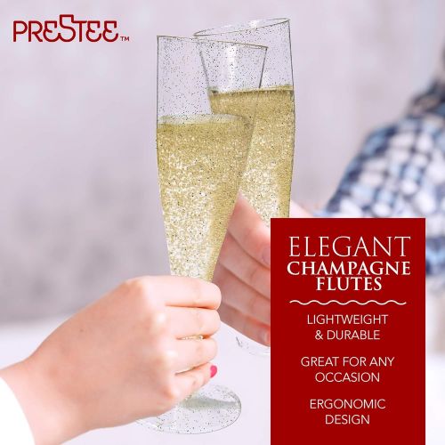  [아마존 핫딜] [아마존핫딜]Prestee Plastic Champagne Flutes Disposable - 100 Pack | Gold Glitter Plastic Champagne Glasses for Parties | Glitter Clear Plastic Cups | Plastic Toasting Glasses | Mimosa Glasses | Weddi