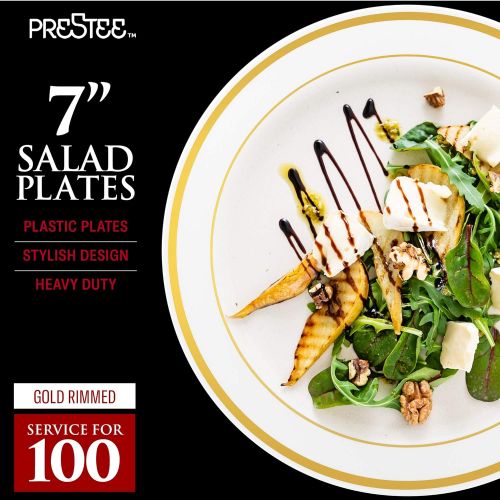  [아마존 핫딜] Prestee 200 Piece Gold Plastic Plates - 100 Dinner Plates and 100 Salad Plates | Plastic Plates for Parties | Gold Plates | Party Plates | Wedding Plates | Disposable Plates for Party