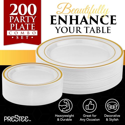  [아마존 핫딜] Prestee 200 Piece Gold Plastic Plates - 100 Dinner Plates and 100 Salad Plates | Plastic Plates for Parties | Gold Plates | Party Plates | Wedding Plates | Disposable Plates for Party