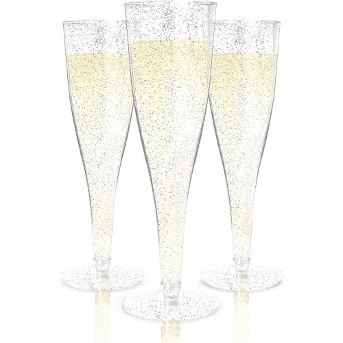  [아마존베스트]Prestee Plastic Champagne Flutes Disposable - 100 Pack | Silver Glitter Plastic Champagne Glasses for Parties | Glitter Clear Plastic Cups | Plastic Toasting Glasses | Mimosa Glasses | Wed