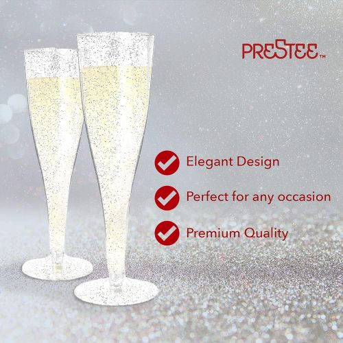  [아마존베스트]Prestee Plastic Champagne Flutes Disposable - 100 Pack | Silver Glitter Plastic Champagne Glasses for Parties | Glitter Clear Plastic Cups | Plastic Toasting Glasses | Mimosa Glasses | Wed