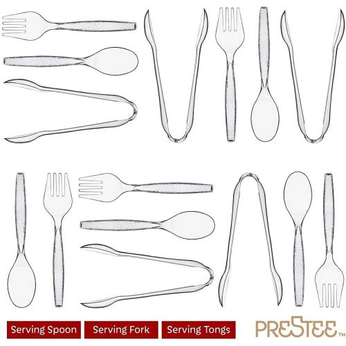  [아마존베스트]Prestee 15 Piece Plastic Serving Utensils Set | Clear Disposable Serving Utensils | 5 of Each | 10 Serving Spoons, 10 Serving Forks, 11 Serving Tongs | Party Serving Spoon Set