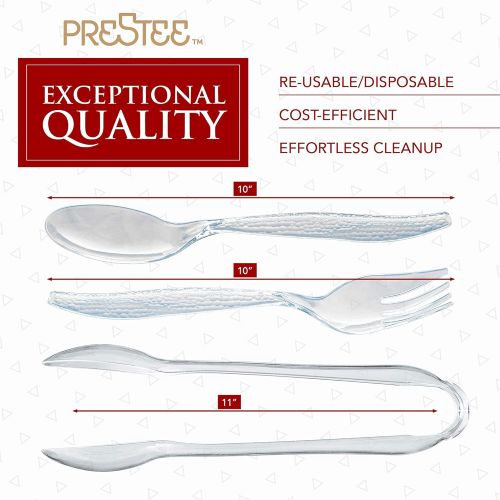  [아마존베스트]Prestee 15 Piece Plastic Serving Utensils Set | Clear Disposable Serving Utensils | 5 of Each | 10 Serving Spoons, 10 Serving Forks, 11 Serving Tongs | Party Serving Spoon Set