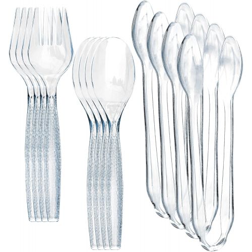  [아마존베스트]Prestee 15 Piece Plastic Serving Utensils Set | Clear Disposable Serving Utensils | 5 of Each | 10 Serving Spoons, 10 Serving Forks, 11 Serving Tongs | Party Serving Spoon Set