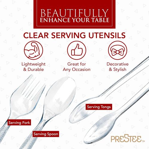  [아마존베스트]Prestee 15 Piece Plastic Serving Utensils Set | Clear Disposable Serving Utensils | 5 of Each | 10 Serving Spoons, 10 Serving Forks, 11 Serving Tongs | Party Serving Spoon Set