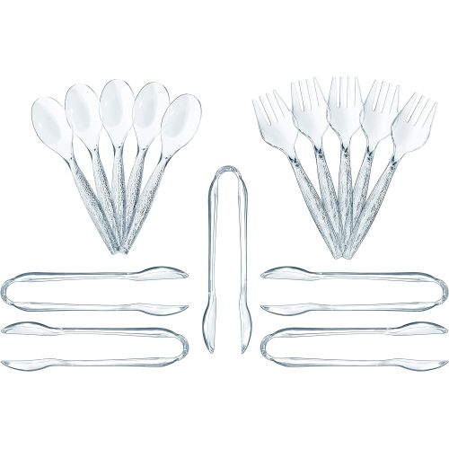  [아마존베스트]Prestee 15 Piece Plastic Serving Utensils Set | Clear Disposable Serving Utensils | 5 of Each | 10 Serving Spoons, 10 Serving Forks, 11 Serving Tongs | Party Serving Spoon Set