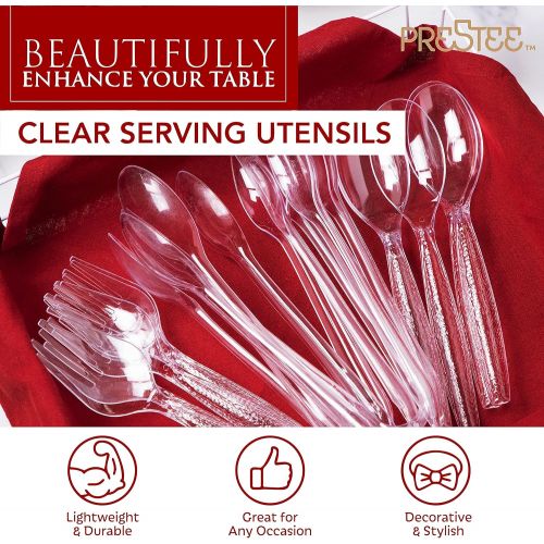  [아마존베스트]Prestee 15 Piece Plastic Serving Utensils Set | Clear Disposable Serving Utensils | 5 of Each | 10 Serving Spoons, 10 Serving Forks, 11 Serving Tongs | Party Serving Spoon Set