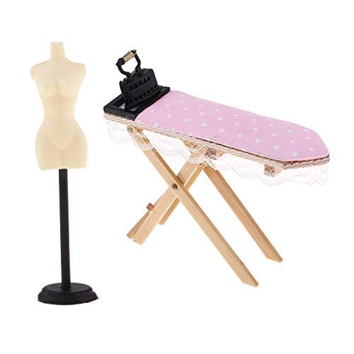  Prettyia 1:12 Dollhouse Miniature Doll Display Stand & Wooden Ironing Board Table with Vintage Metal Iron Room Decor