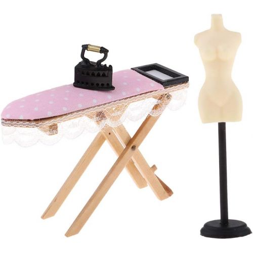  Prettyia 1:12 Dollhouse Miniature Doll Display Stand & Wooden Ironing Board Table with Vintage Metal Iron Room Decor