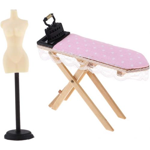  Prettyia 1:12 Dollhouse Miniature Doll Display Stand & Wooden Ironing Board Table with Vintage Metal Iron Room Decor