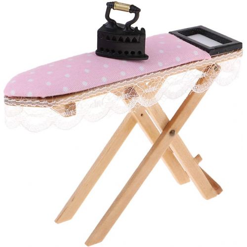  Prettyia 1:12 Dollhouse Miniature Doll Display Stand & Wooden Ironing Board Table with Vintage Metal Iron Room Decor