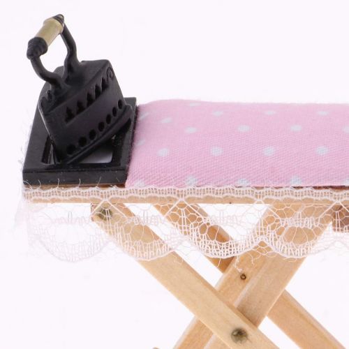  Prettyia 1:12 Dollhouse Miniature Doll Display Stand & Wooden Ironing Board Table with Vintage Metal Iron Room Decor