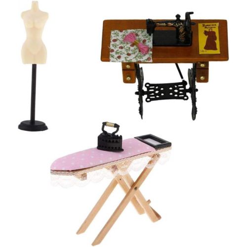  Prettyia 3pcs Dollhouse Miniature Ironing Board, Sewing Machine & Mannequin Model Stand