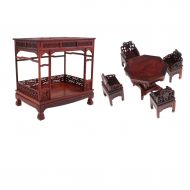 Prettyia Ancient Chinese Wooden Canopy Bed Bed W. Shelf & Tea Table Armchair Set Model 1/12 Doll House Fairy Home Accessory Decor Toy Collection