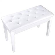 Prettyshop4246 Double Seat Storage White Duet Concert Piano Wood Keyboard Bench Leather Padded