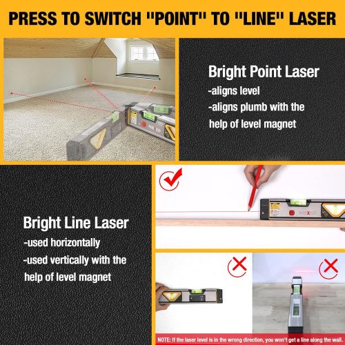  PREXISO 2-in-1 Laser Level Spirit Level with Light, 100Ft Alignment Point & 30Ft Leveling Line, Magnetic Laser Leveler Tool for Construction Picture Hanging Wall Writing Painting H