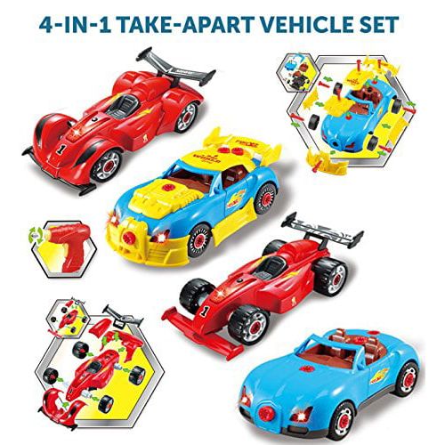  Prextex 4 in 1 Build Your Own Racer Car Set With Real Working Drill And Screws 53 Piece Take-A-Part Toy for boys And Girls with Lights and Sounds